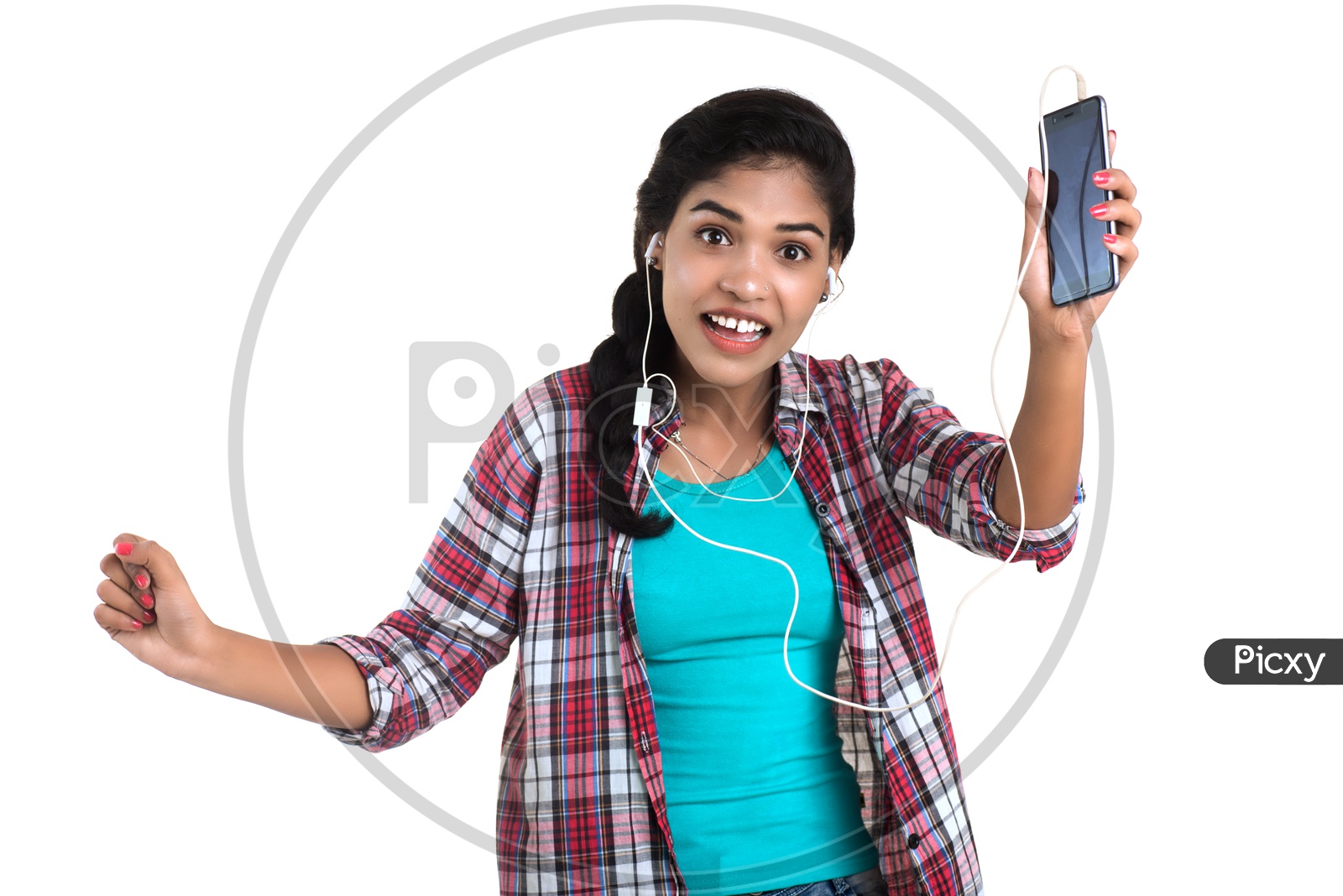 A Pretty Indian Young Girl Making Video Call on her Smart Phone With an Expression on an isolated White Background