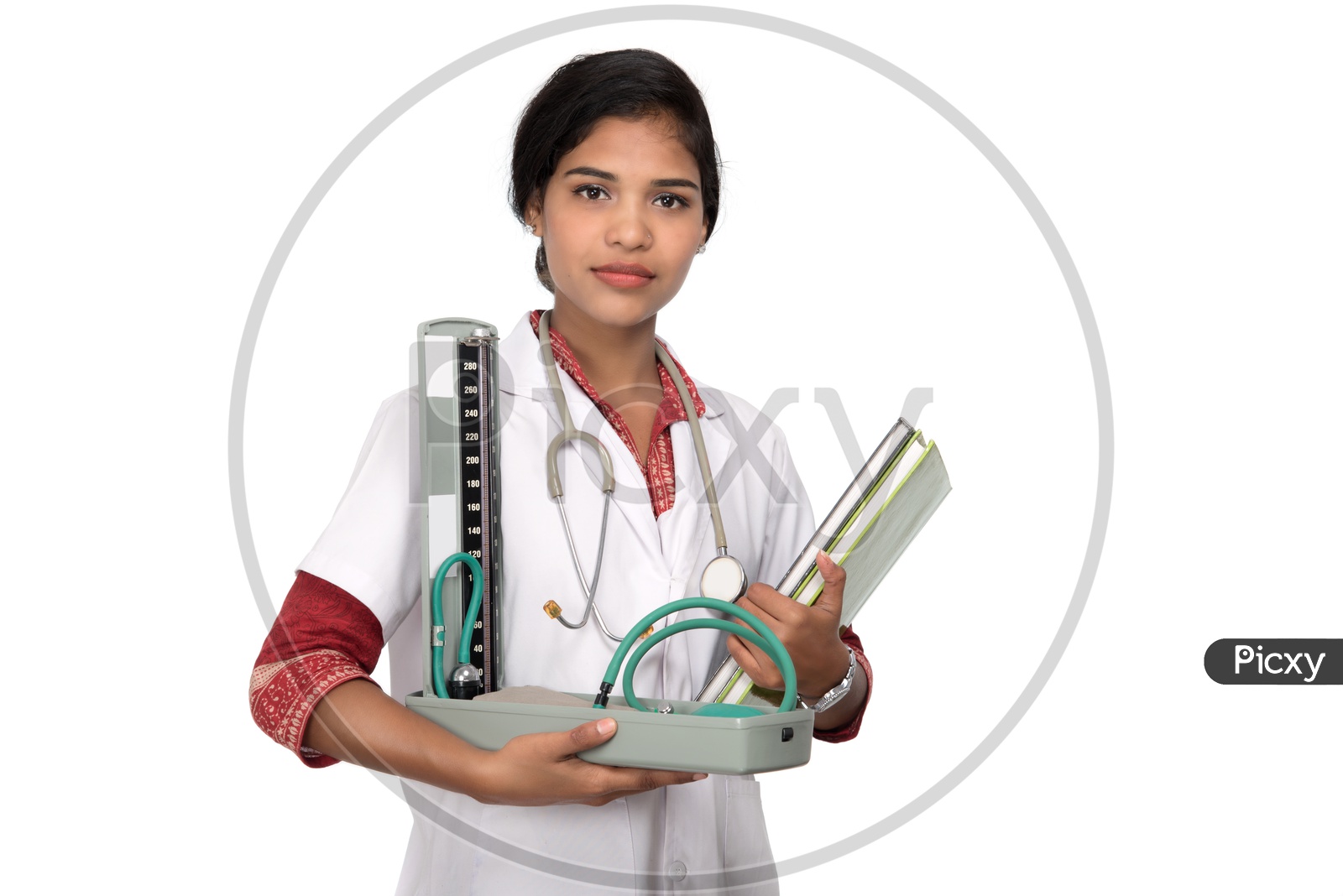 Young Lady Doctor With Blood Pressure Monitoring Gadget in Hand On an Isolated White Background