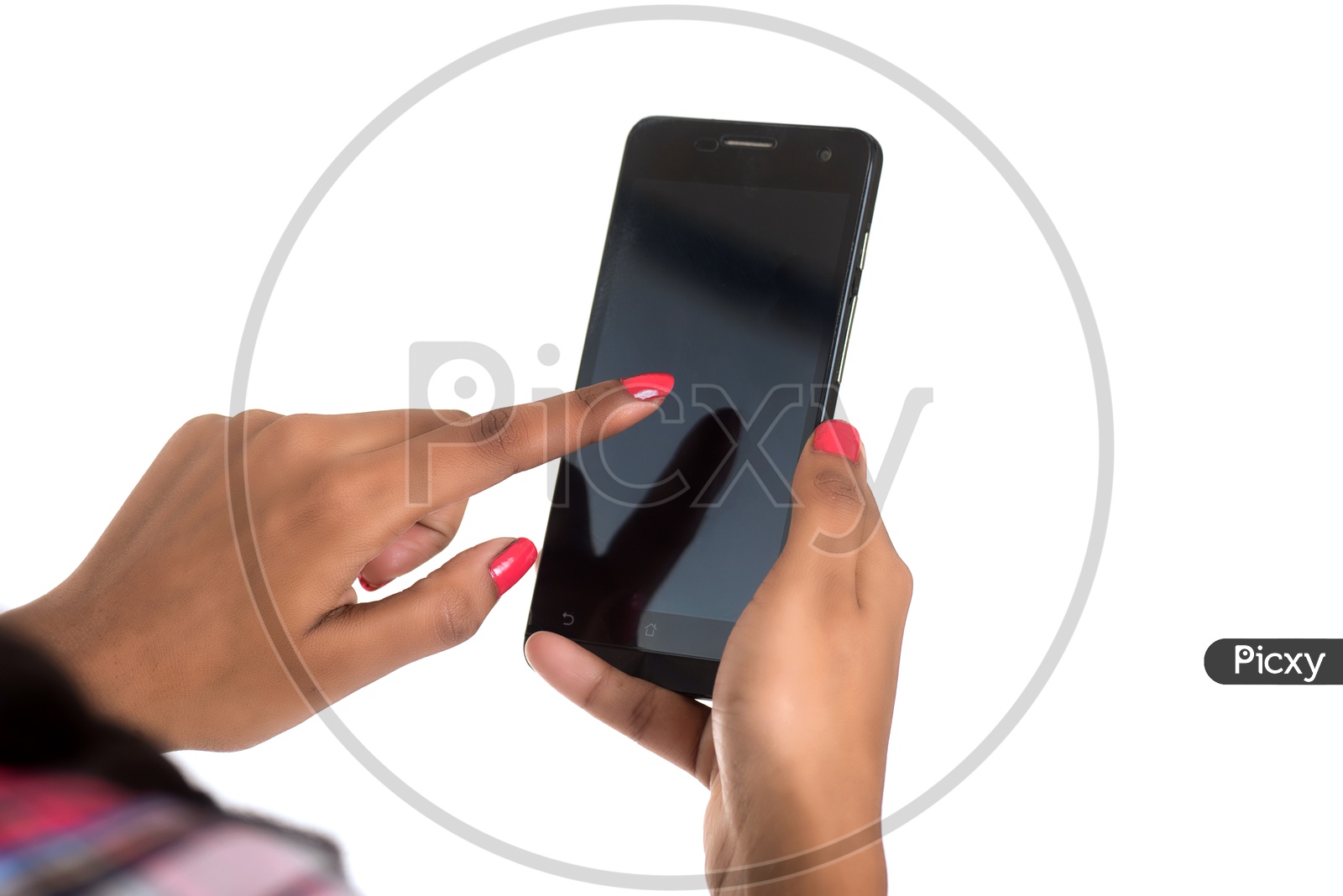 Young Indian Girl Fingers Scrolling On Smart Phone Screen  Closeup