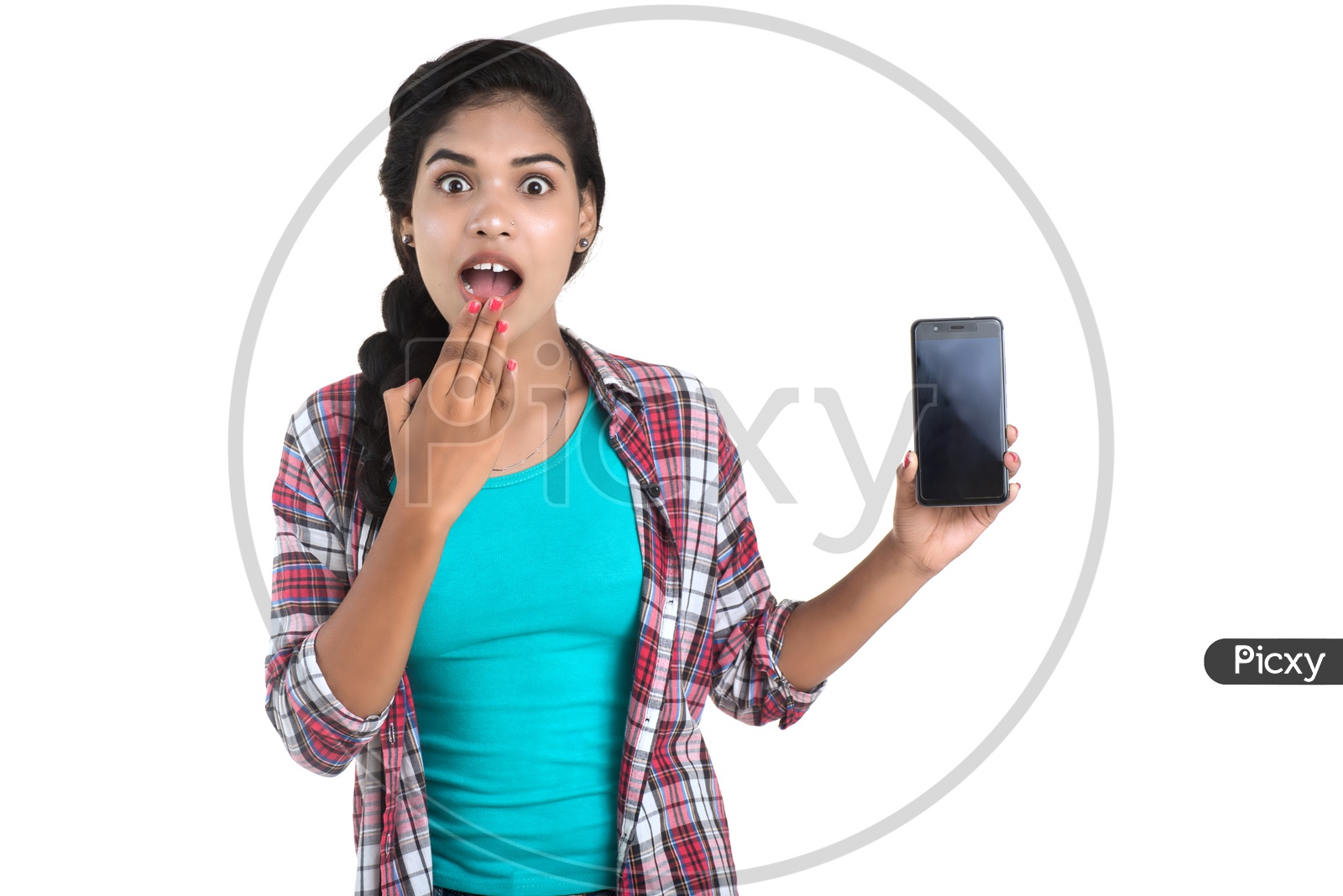 Pretty Indian Girl Showing Mobile Phone Screen and With a Expression On an Isolated White Background