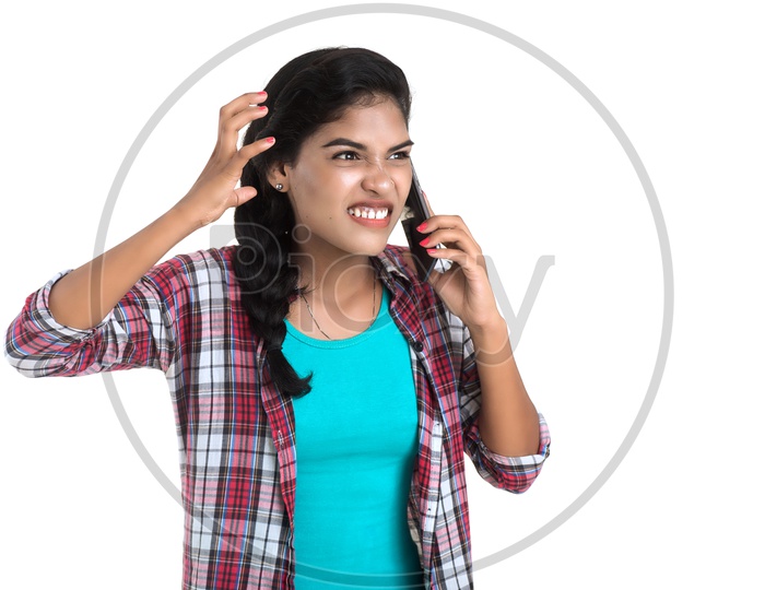 Pretty young Girl Speaking In Smart Phone with Expressions On an Isolated White Background