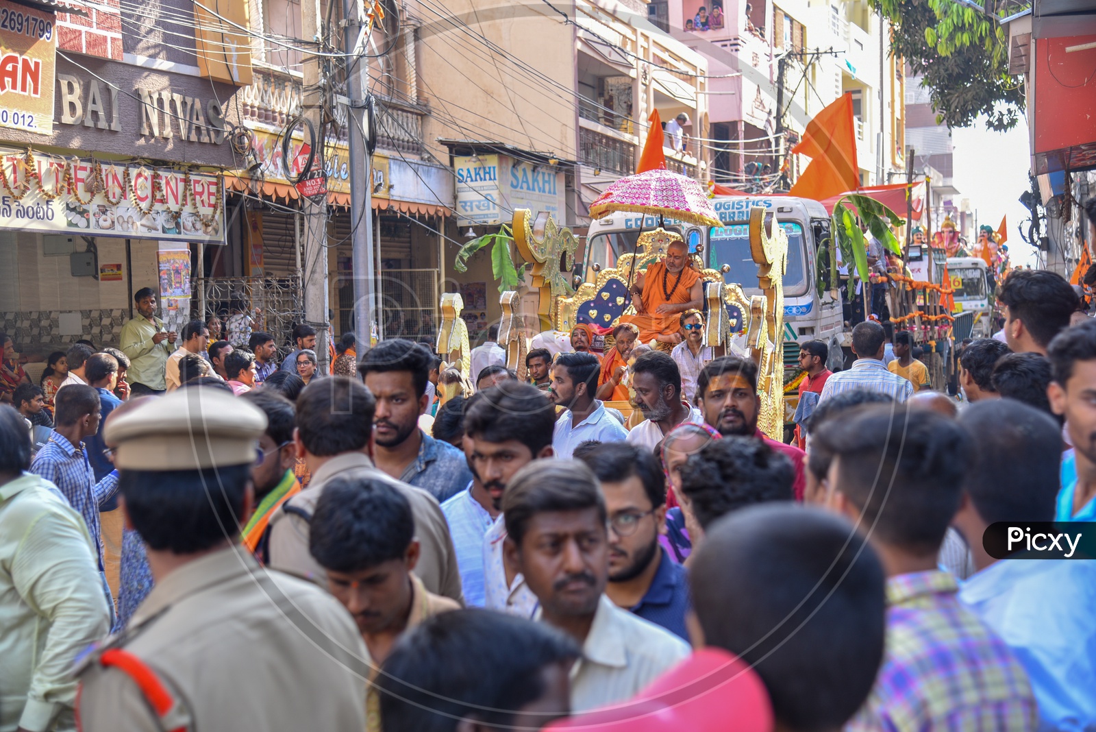 Swamiji and various Idols procession on trucks during Shri Rama Shobha Yatra in Hyderabad