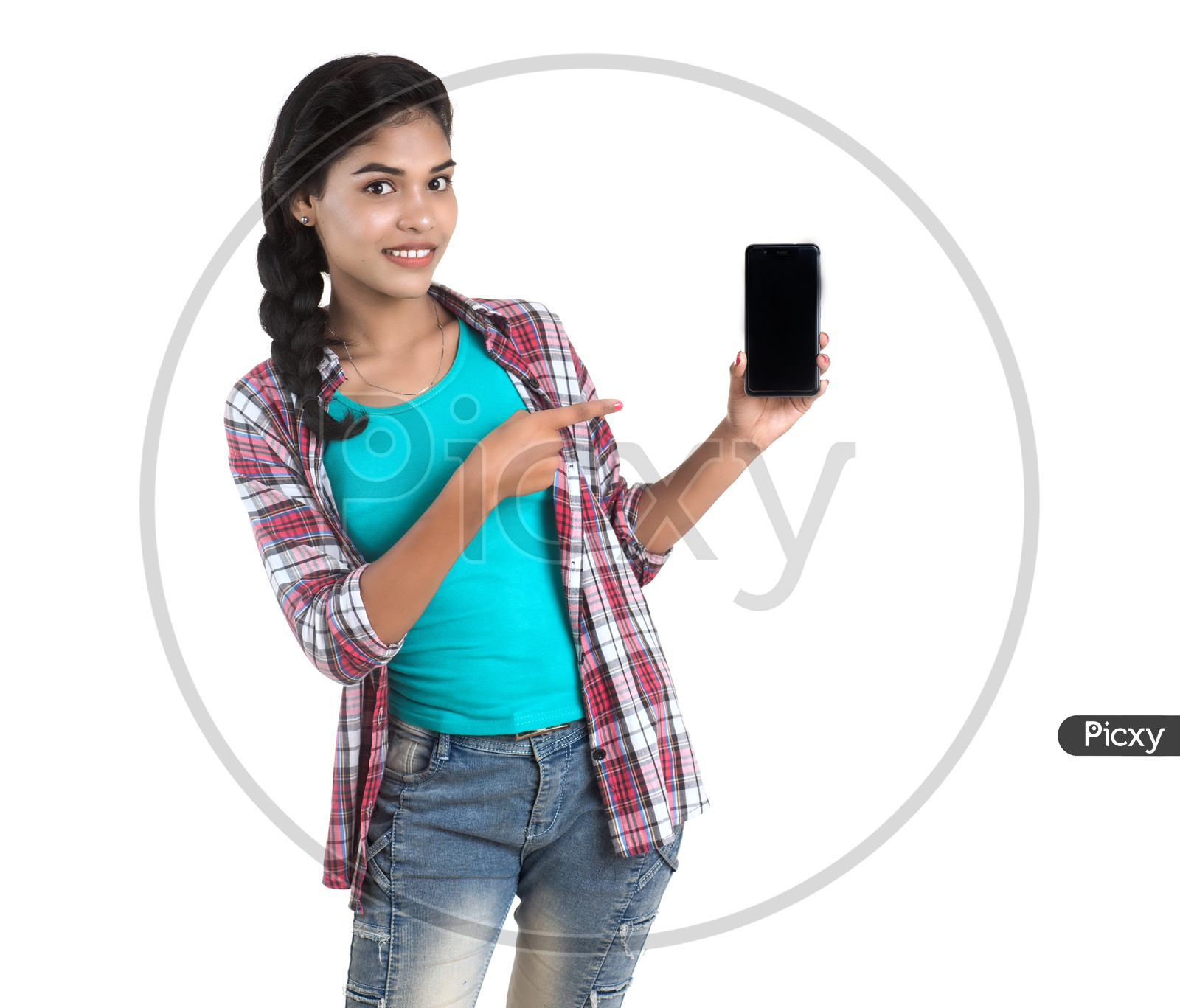 Pretty Young Girl Showing Blank Smart Phone Screen on an Isolated White Background