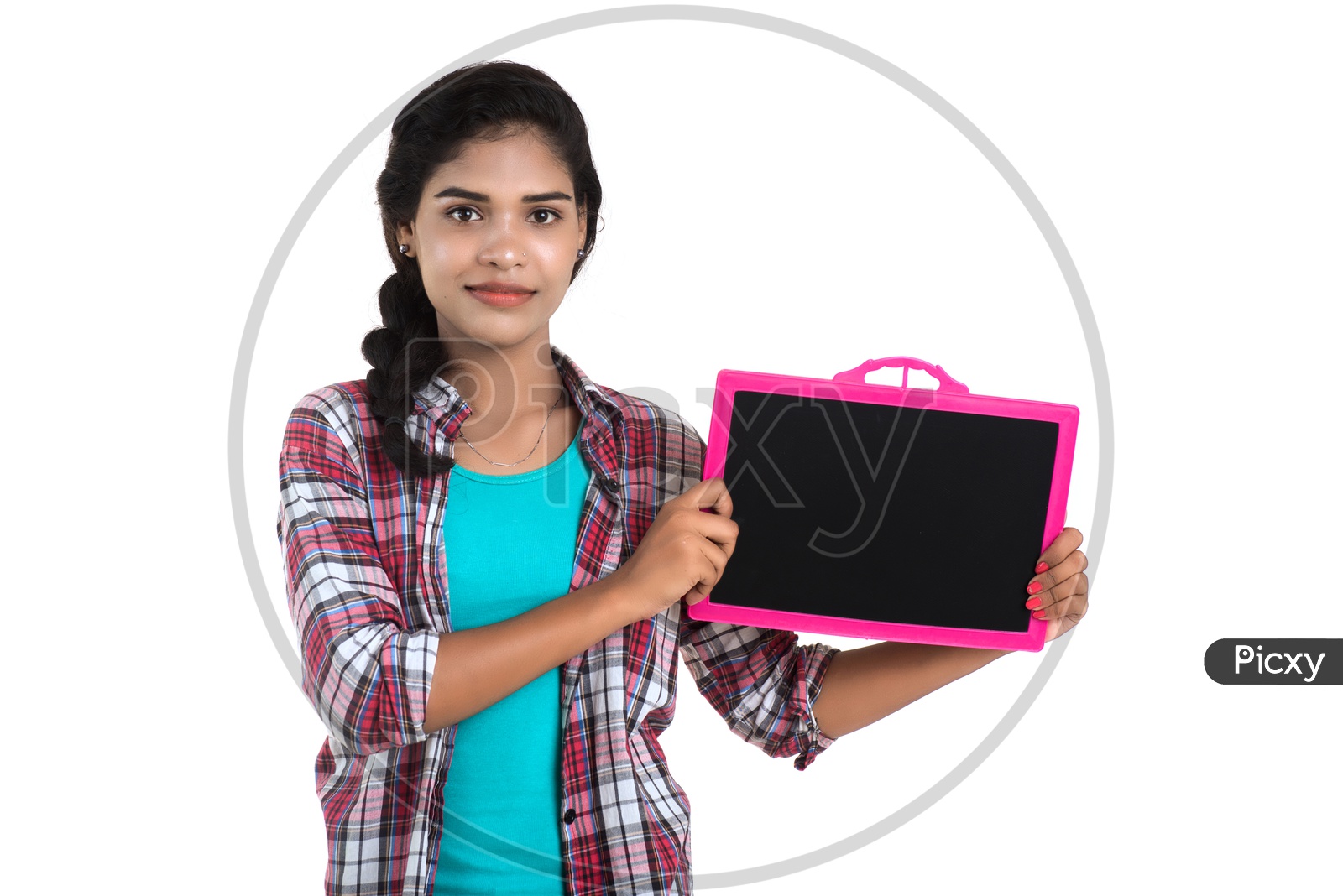 Young Indian Woman Holding Blank Slate Board and Showing The Empty Space On White Background