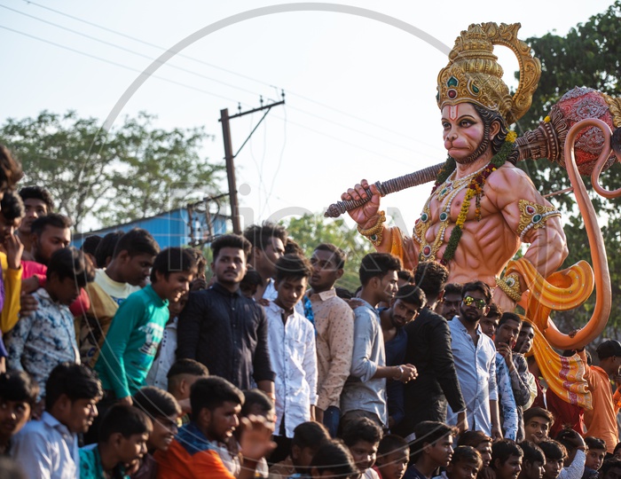 Devotees gathered at Lord Hanuman Idol procession during Shri Rama Shobha Yatra in Hyderabad