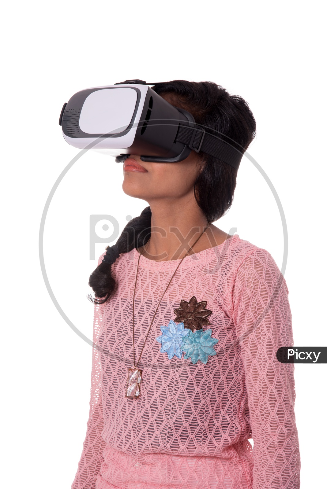 Young Indian Girl Looking  Through VR Device , Indian Girl Experiencing The Virtual Reality  Headset