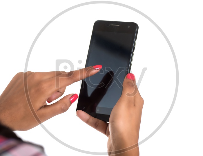 Young Indian Girl Fingers Scrolling On Smart Phone Screen  Closeup