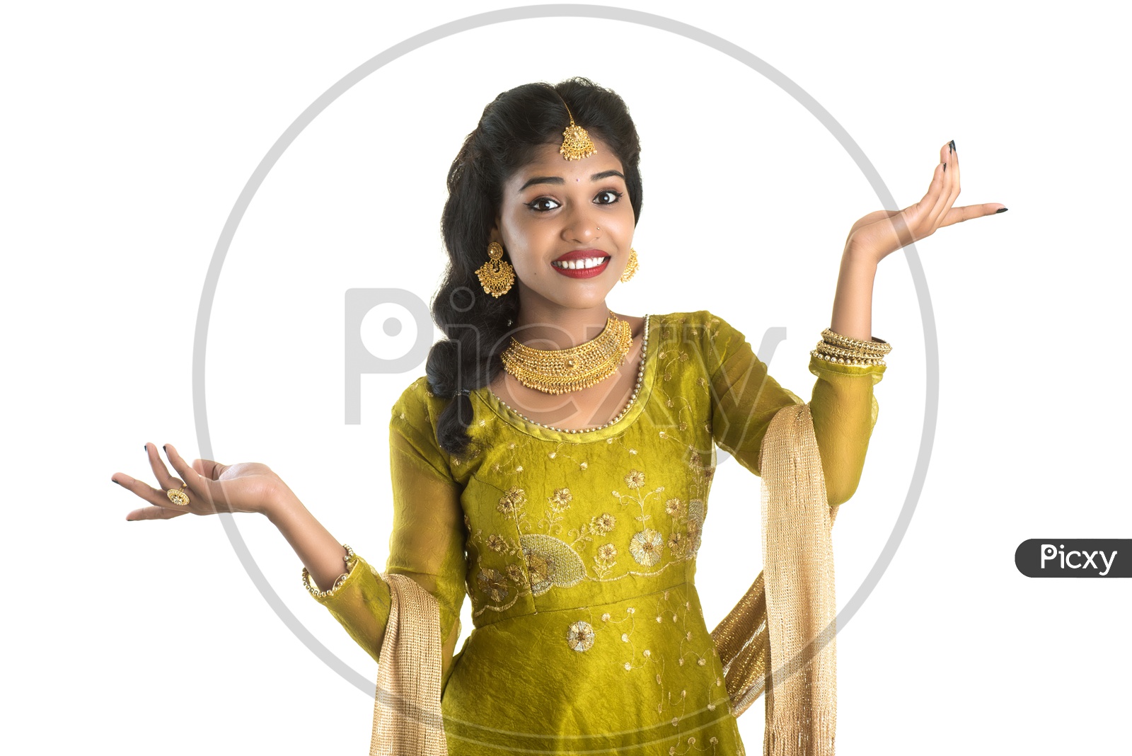 Portrait Of a Beautiful Young woman In Elegant Look  with gestures and expression and Posing Over White Background
