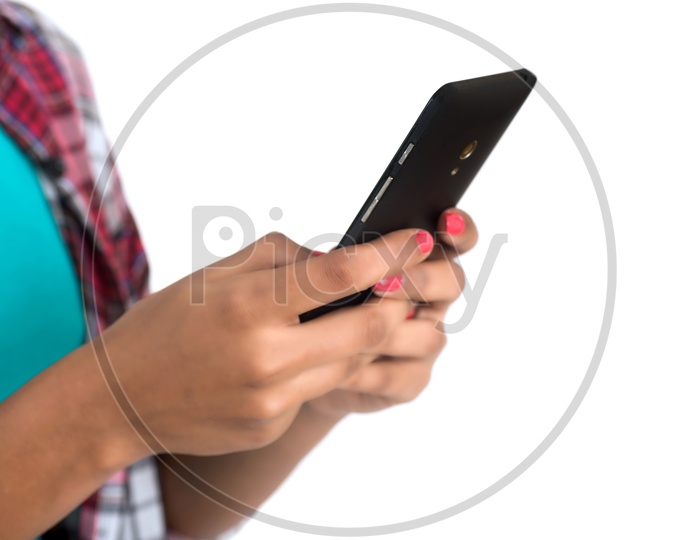 Young Indian Girl Fingers on Smart Phone Screen Closeup