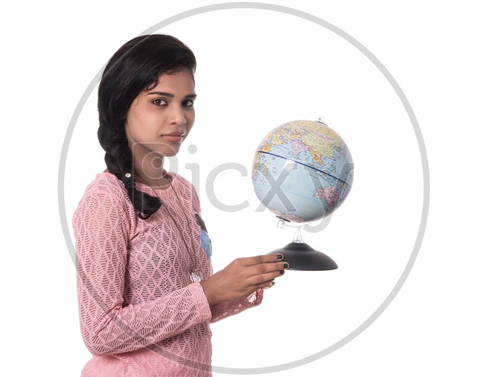 Young Indian Girl Holding a World Globe On White Background