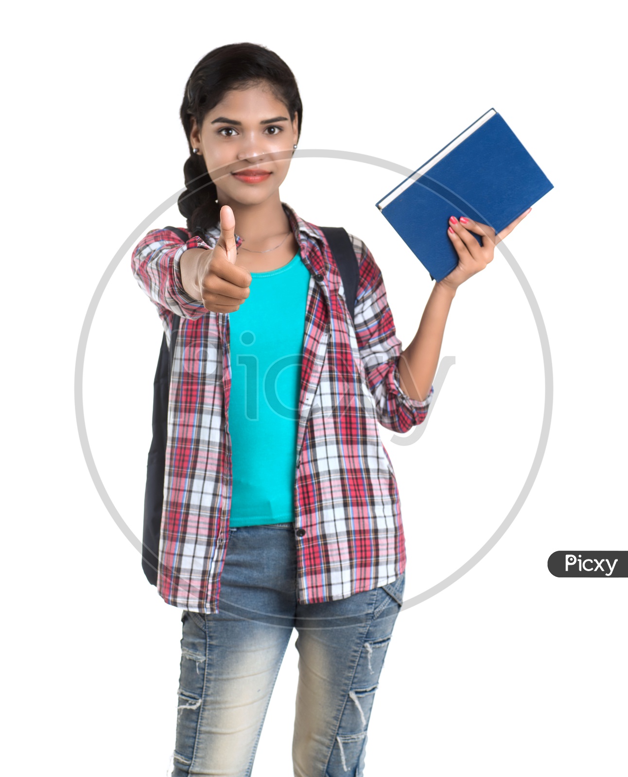 Young Indian Woman Holding notebooks and With Backpack Standing and Posing  on a White Background
