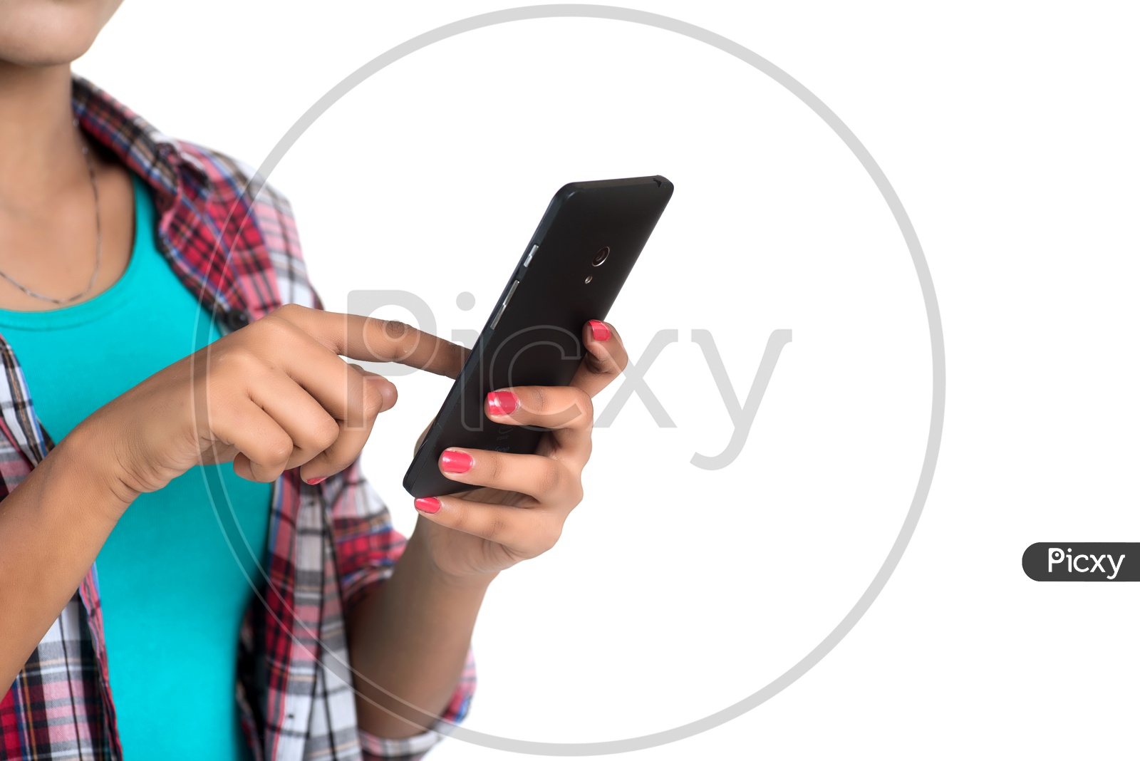Young Indian Girl Fingers on Smart Phone Screen Closeup