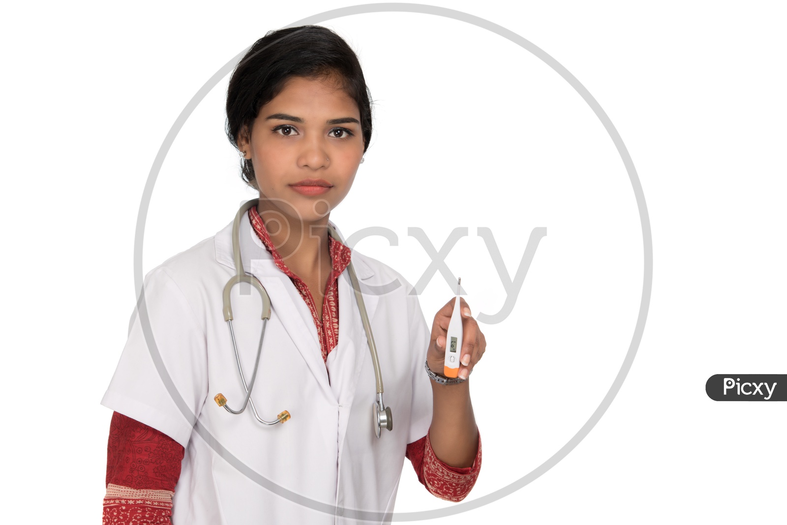 Young Woman Doctor Showing  Thermometer on an Isolated White Background