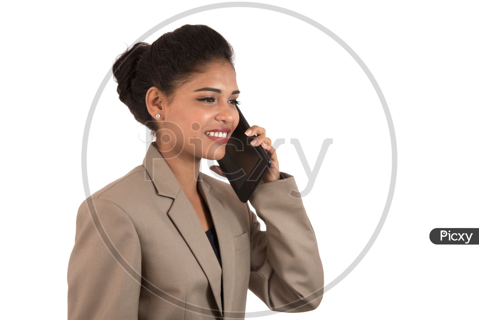 happy business woman talking on the mobile phone or smartphone On  isolated on white background