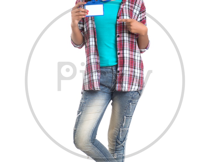 Young Indian Girl Showing Empty Identification Card And Showing Space On Card on an Isolated White Background