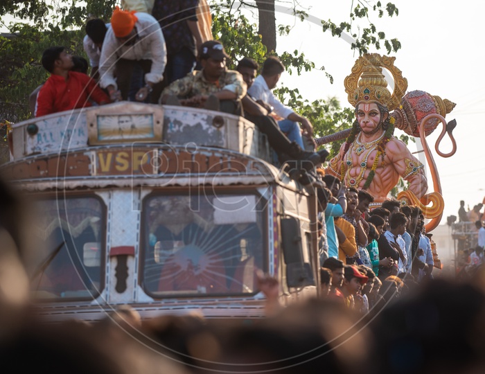 Devotees participating in Lord Hanuman procession at Shri Rama Shobha Yatra in Hyderabad