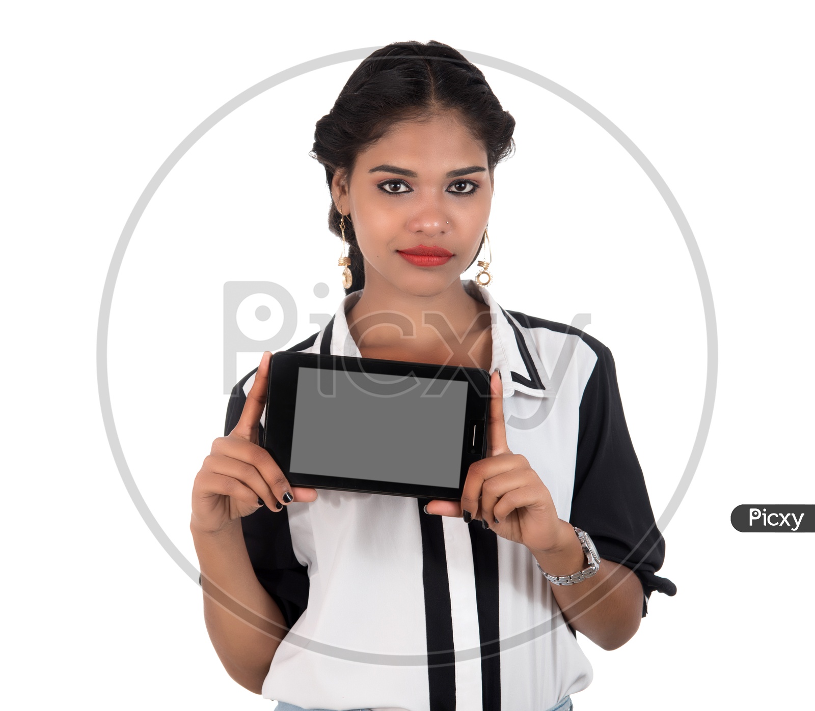 Image Of Pretty Young Indian Girl Showing Blank Smart Phone Screen And 3419