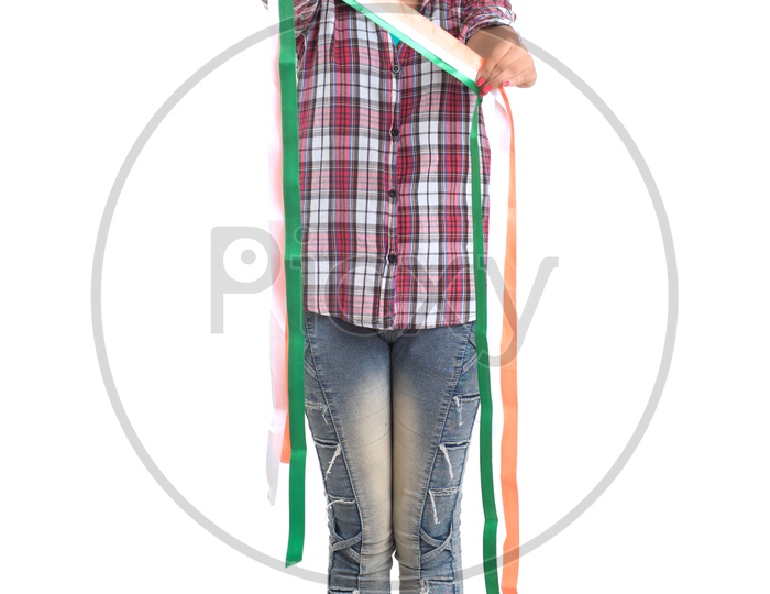 Indian Girl Holding tricolour In Hand and Standing On White Background