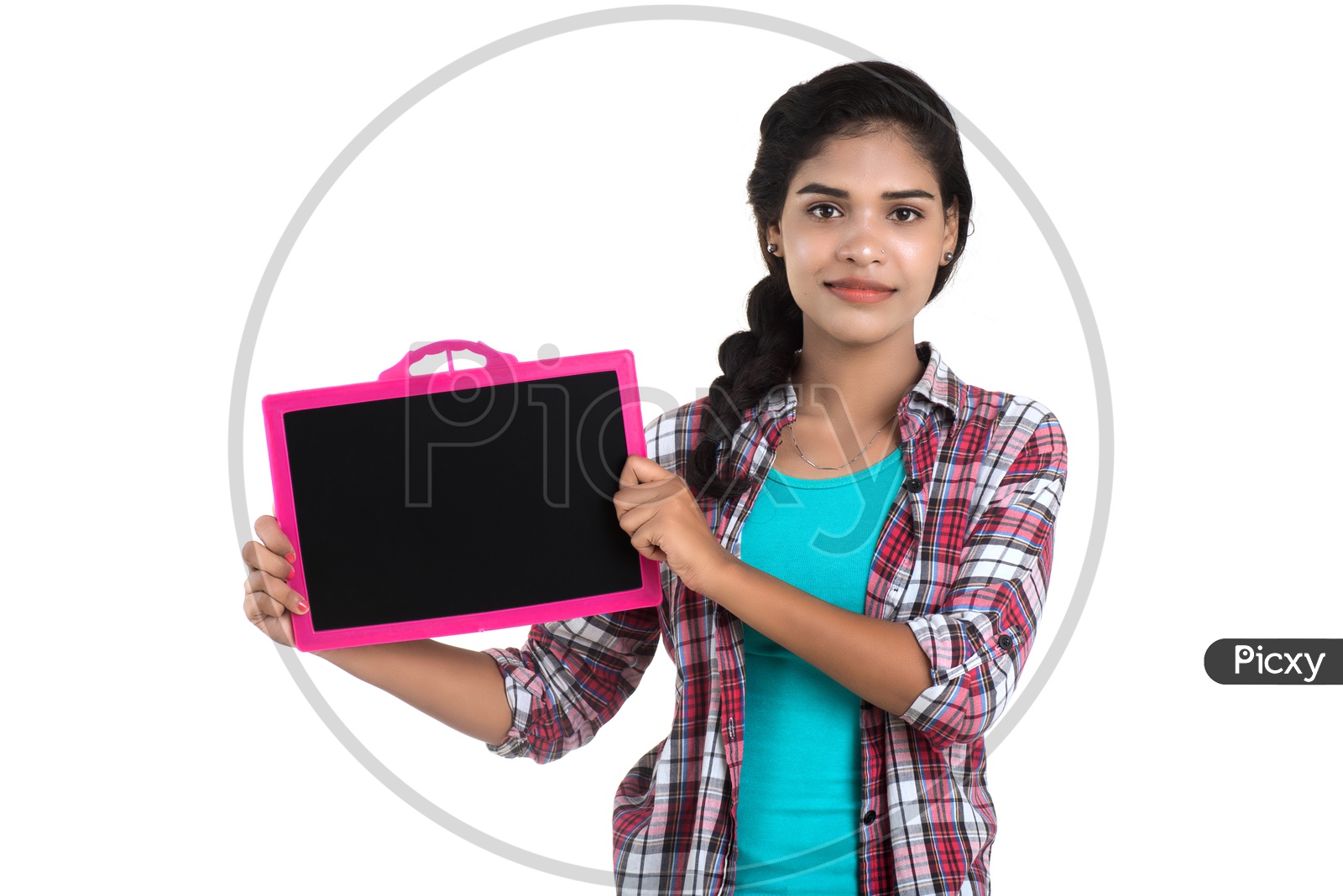 Young Indian Woman Showing Blank Slate Board and Pointing The Empty Space On a White Background