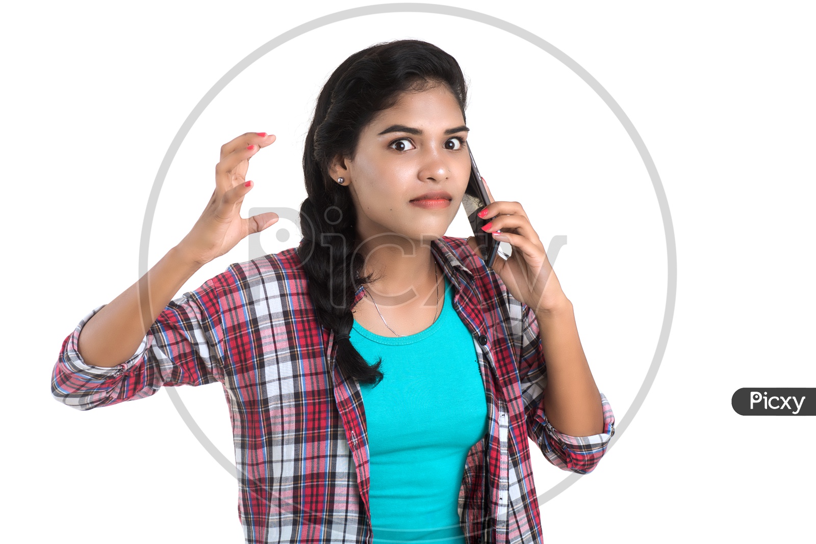 A Happy Young Indian Girl Talking In Smart Phone with a Expression on her  Face on an Isolated White Background