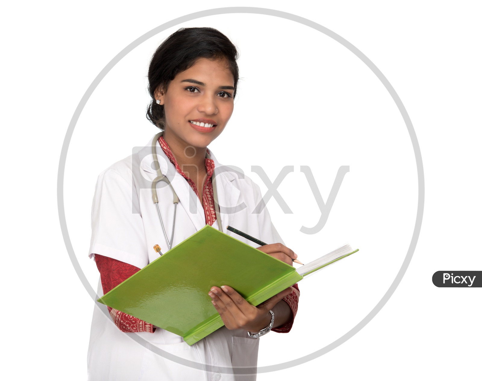 Young Lady Doctor With Stethoscope Over Neck And Writing In Book  On an Isolated White Background