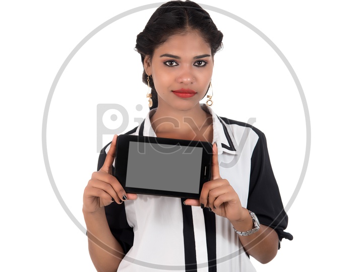 Image Of Young Indian Girl Showing Blank Smart Phone Screen And 0015