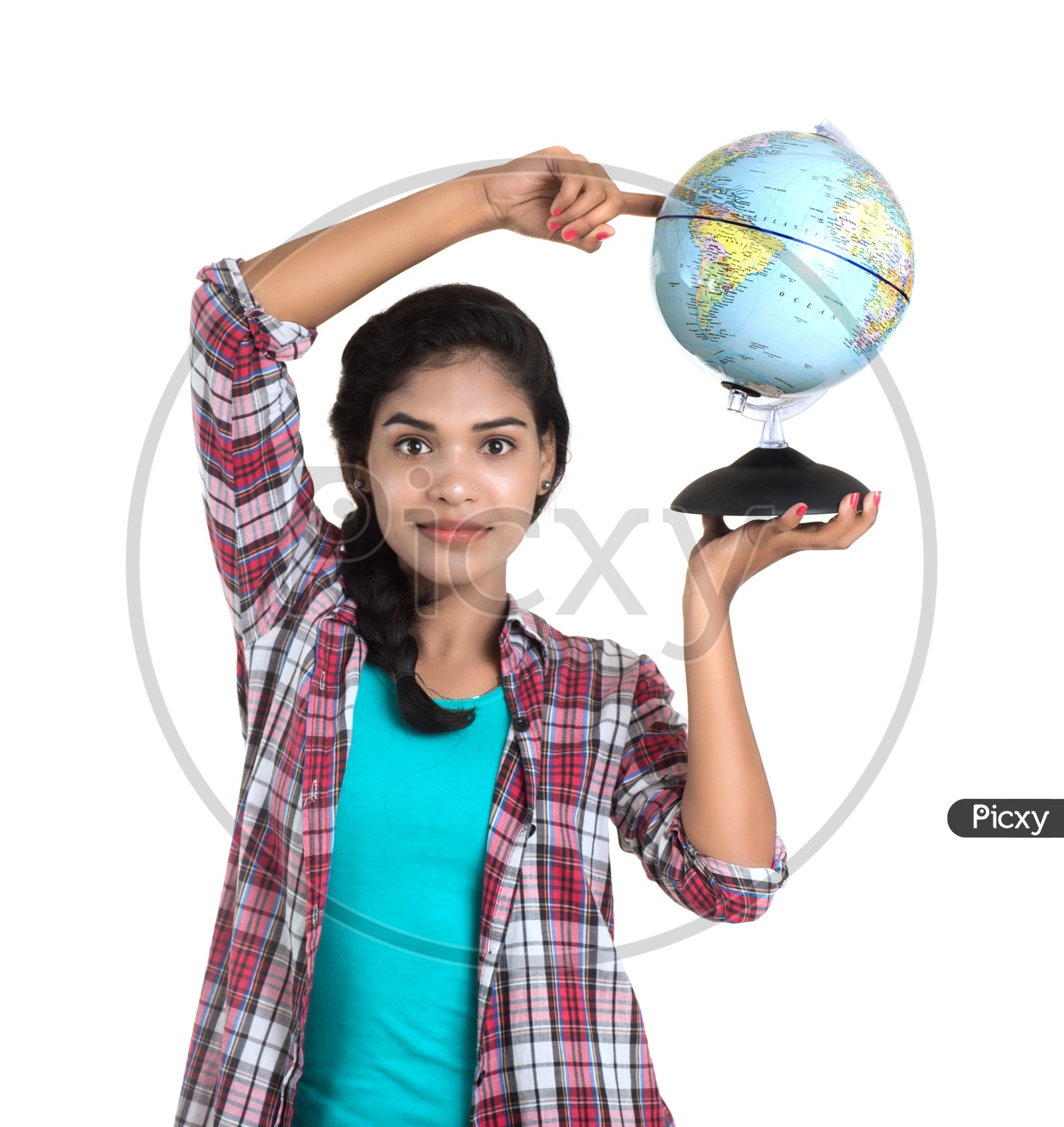 A Pretty Young Girl Holding World Globe In hand And Posing on White Background