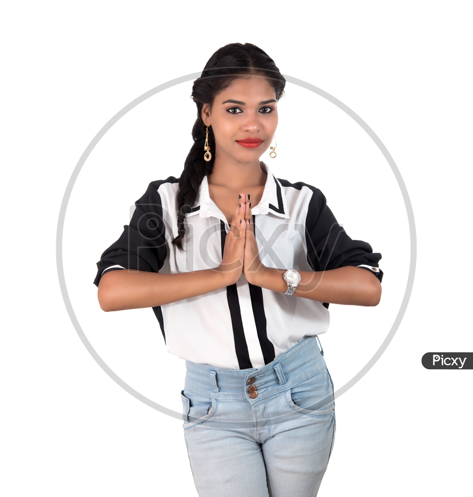 Young Beautiful Woman Showing Namaste  Gestures And Smile On Face On an Isolated White Background