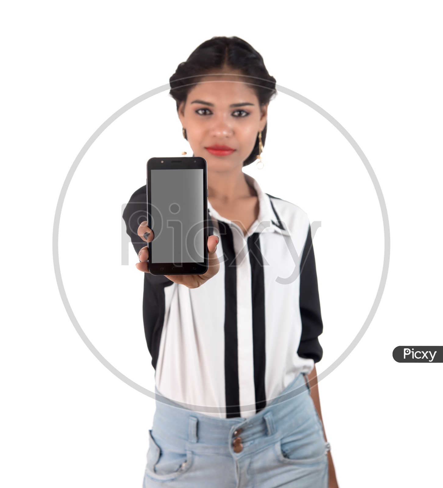 Young Indian Girl Showing Blank Smart Phone Screen and Posing On White Background