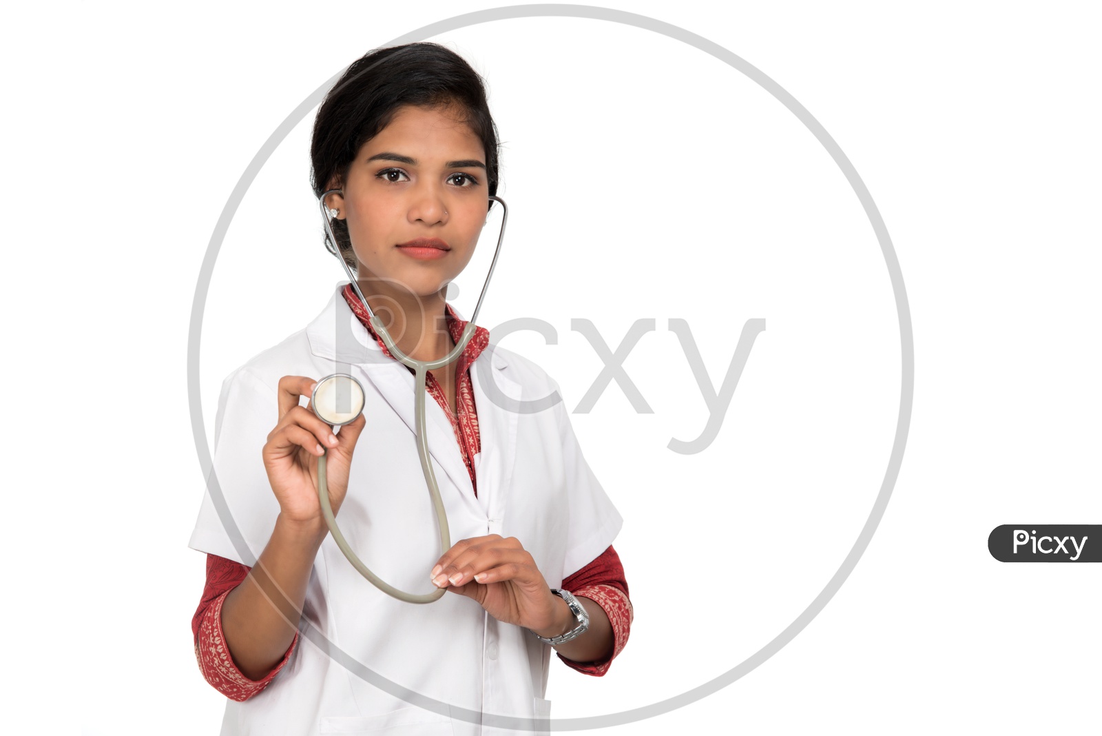 Portrait Of a Young Indian Woman With Stethoscope over Neck On an Isolated White Background