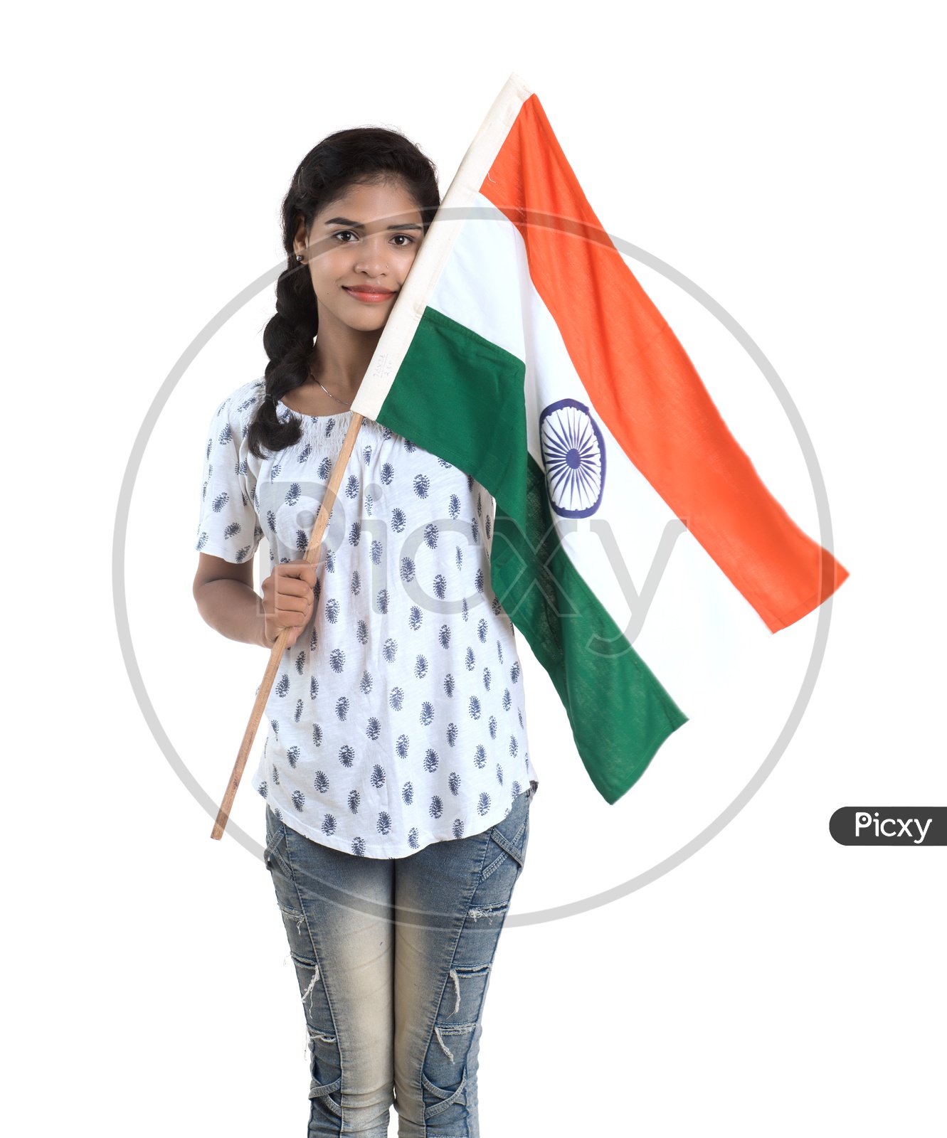 Image of Young Indian Girl Holding Indian national Flag or Tri color