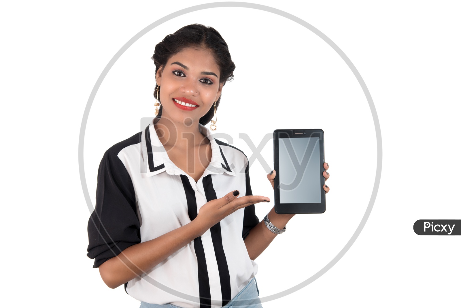 Pretty Young Indian Girl Showing Blank Smart Phone Screen and Showing The Space With an Expression  on an Isolated White Background