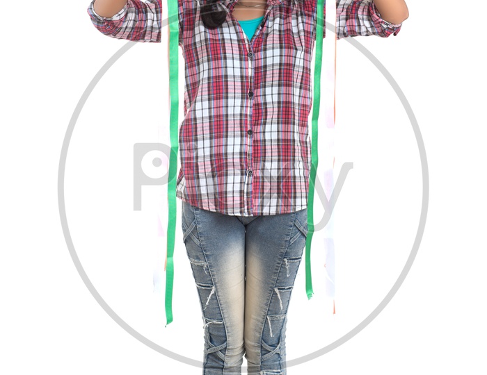 Indian Girl Holding tricolour bands  In Hand and Standing On White Background