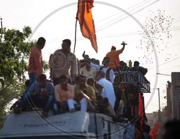 T. Raja Singh, MLA waving to the crowd at Shri Rama Shobha Yatra in Hyderabad