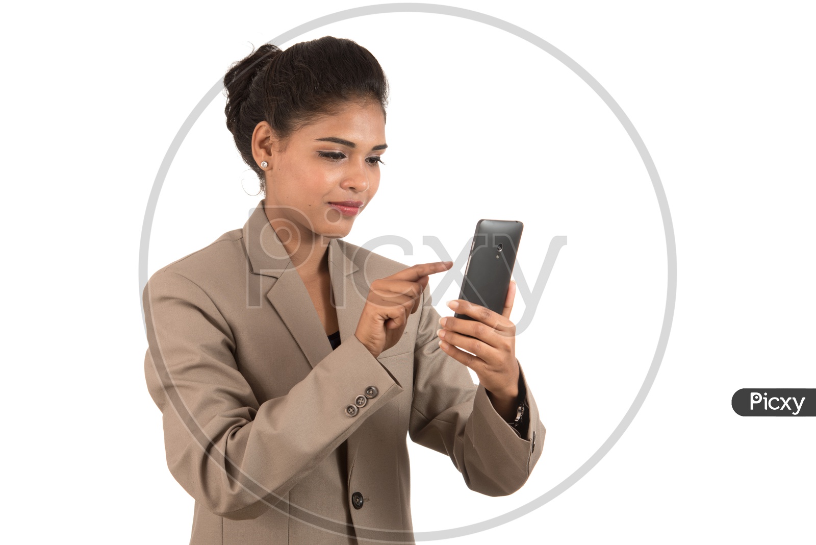 business woman using a mobile phone or smartphone isolated on a white background