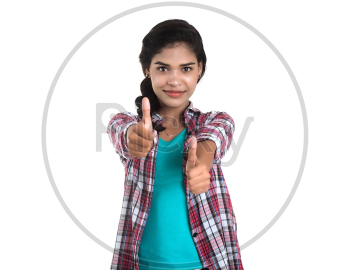 Portrait of a Pretty Young Woman with Gestures and Expressions  Posing Over a White Background