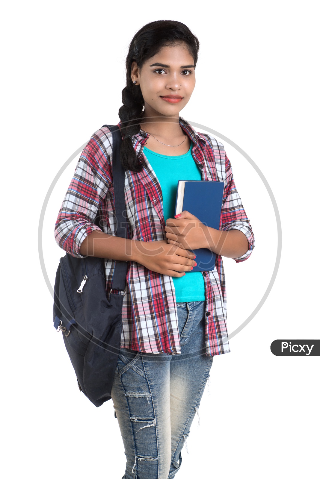 Young Indian Woman Holding notebooks and With Backpack Standing and Posing  on a White Background