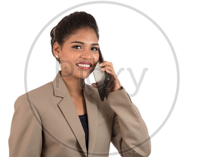 happy business woman talking on the mobile phone or smartphone isolated on white background
