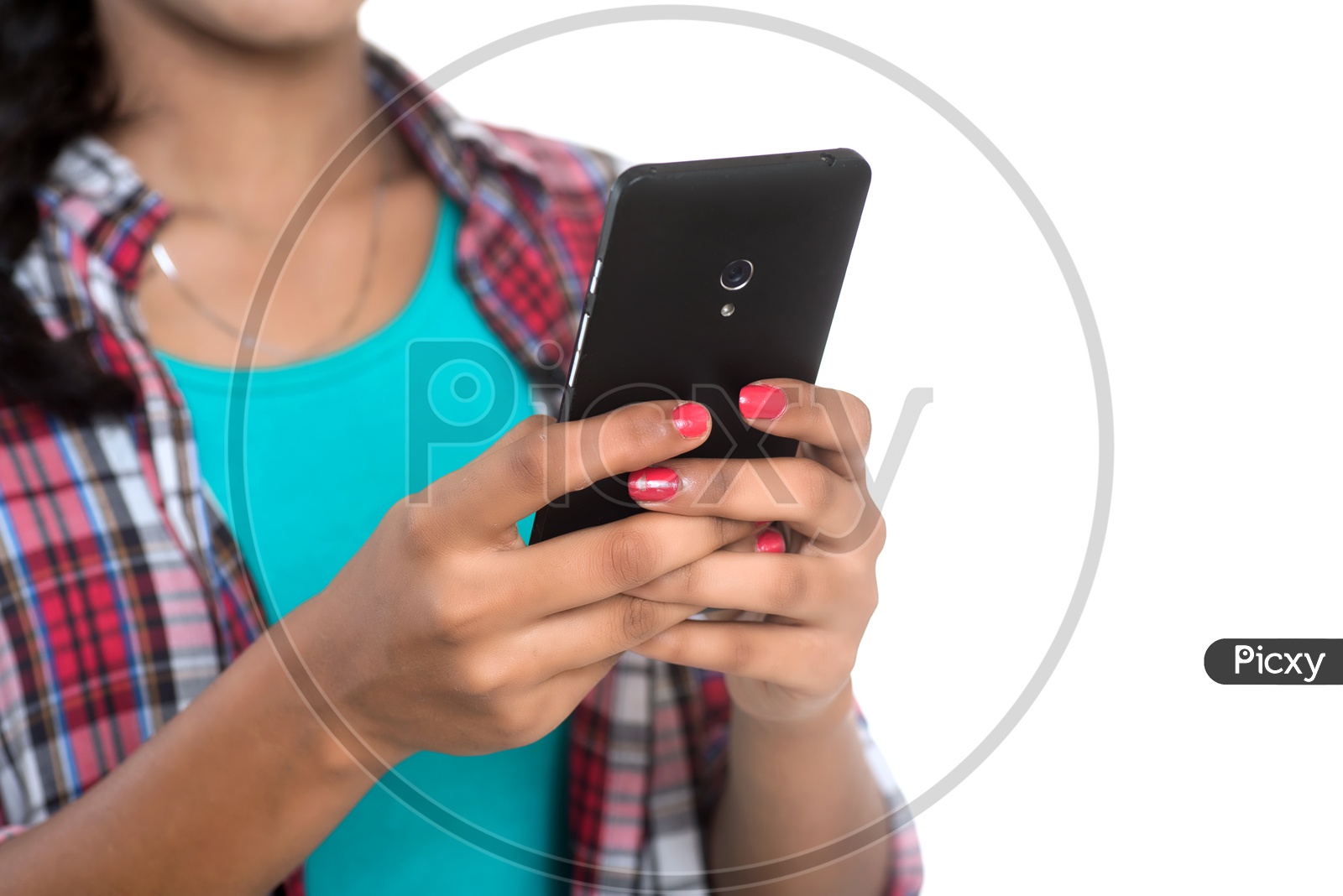Young Indian Girl Using Smart Phone On an Isolated White Background