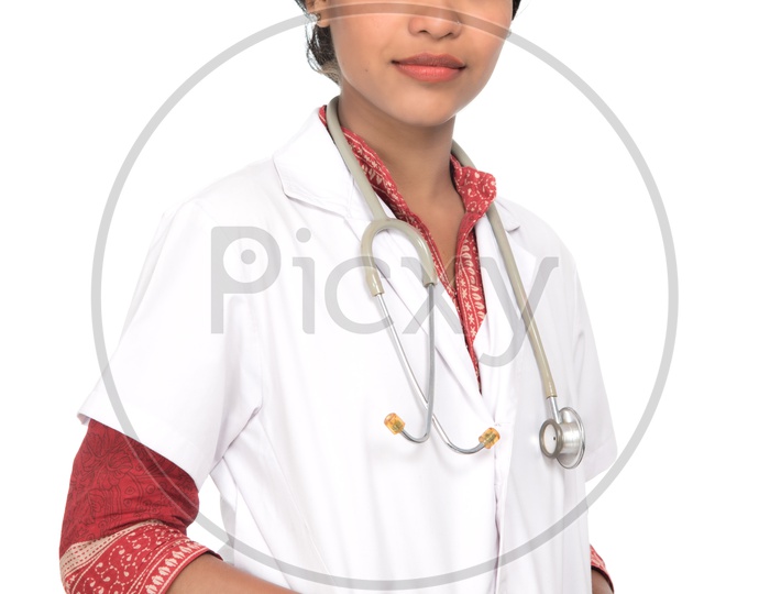 Portrait Of a Young Indian Woman With Stethoscope over Neck On an Isolated White Background