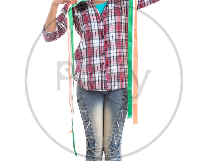 Indian Girl Holding tricolour bands  In Hand and Standing On White Background