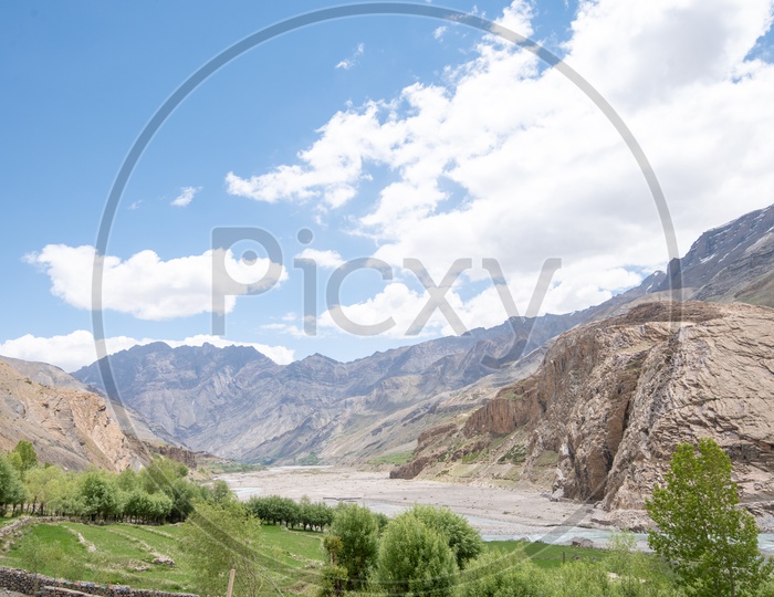 Spiti river with mountains in the background
