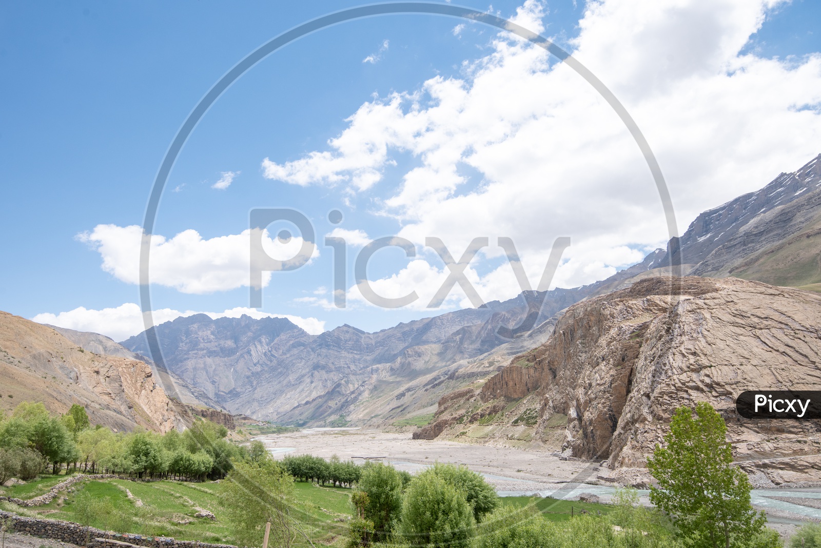 Spiti river with mountains in the background
