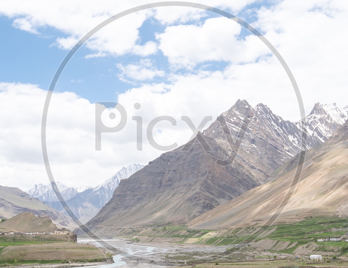 River in Spiti Valley with mountains in the background
