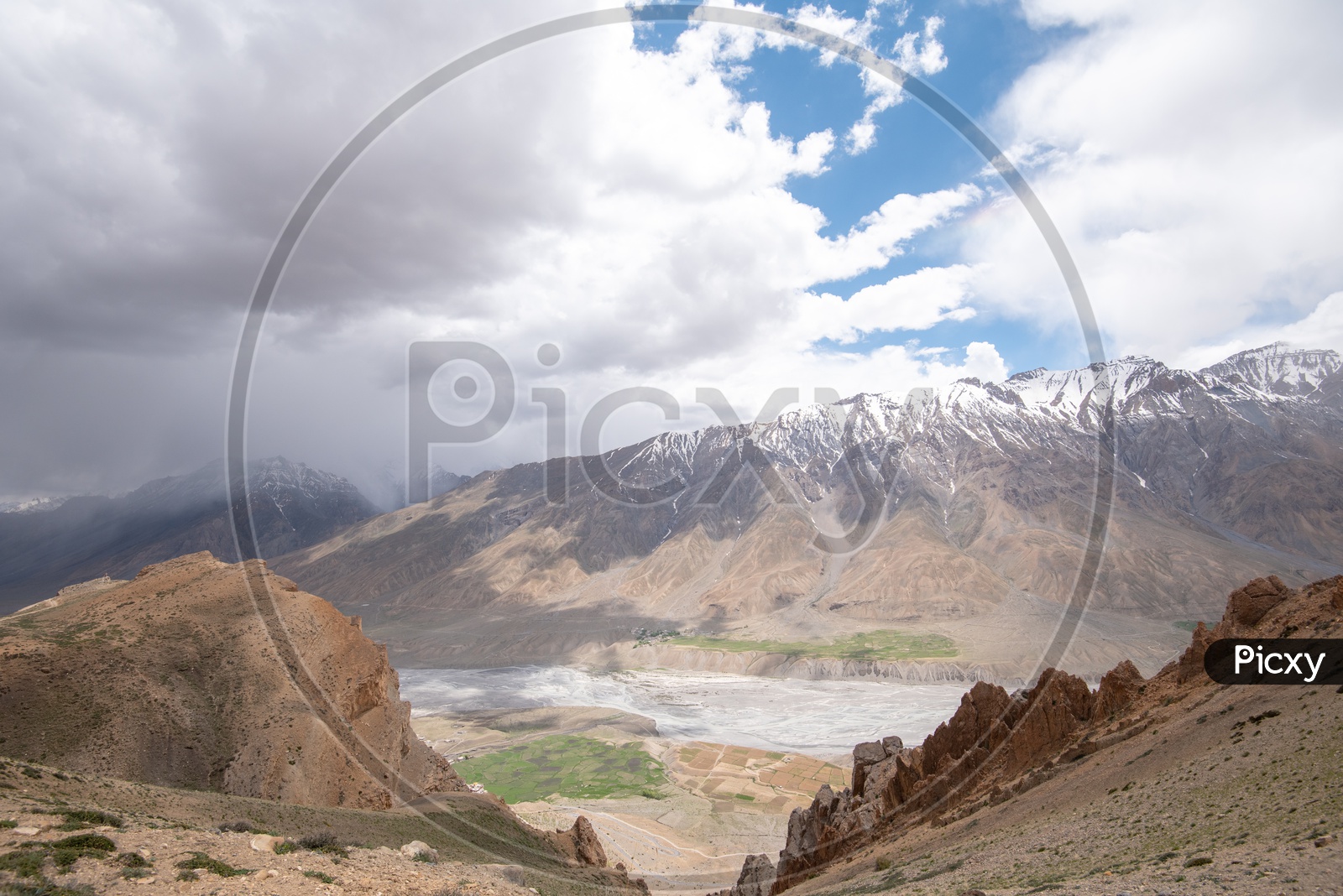 River in Spiti Valley with snow clad mountains in the background