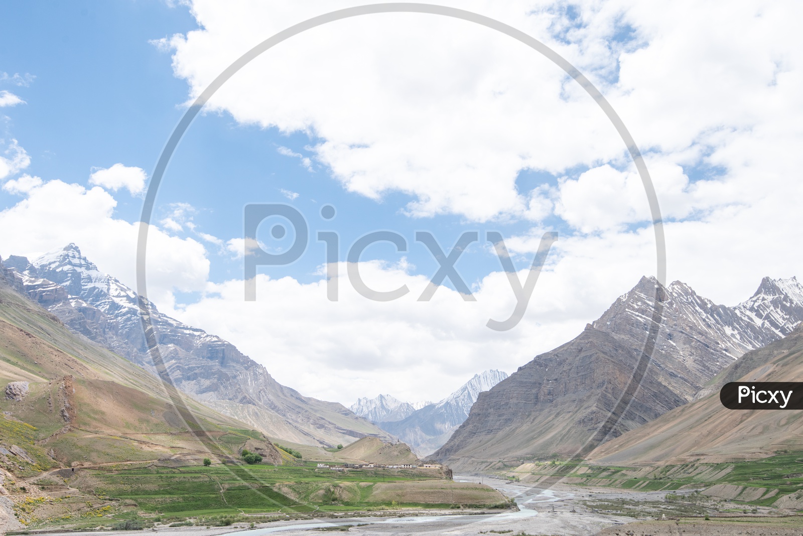 River in Spiti Valley with snow clad mountains in the background