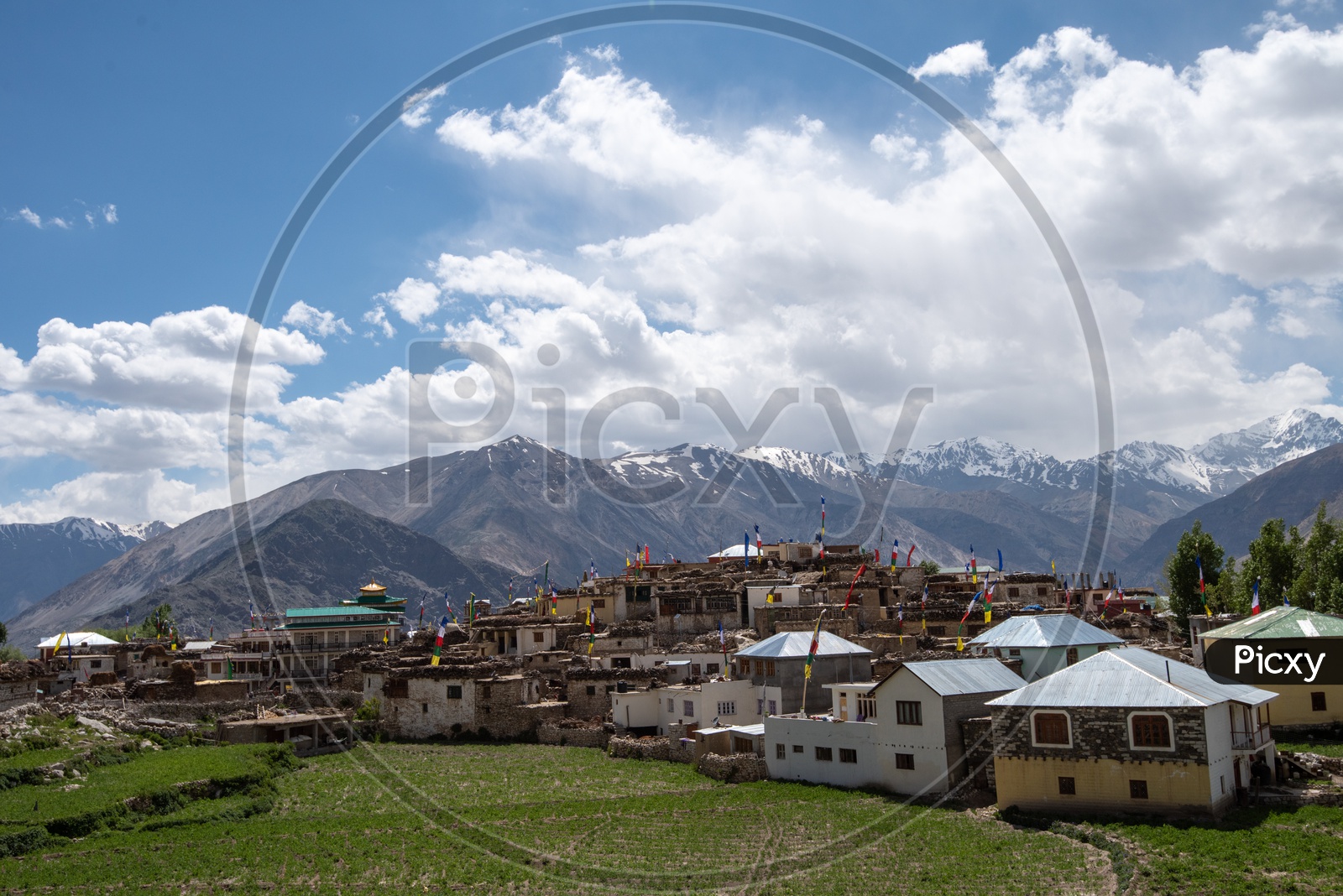 Snow capped Mountains of Spiti Valley with houses and agriculture fields