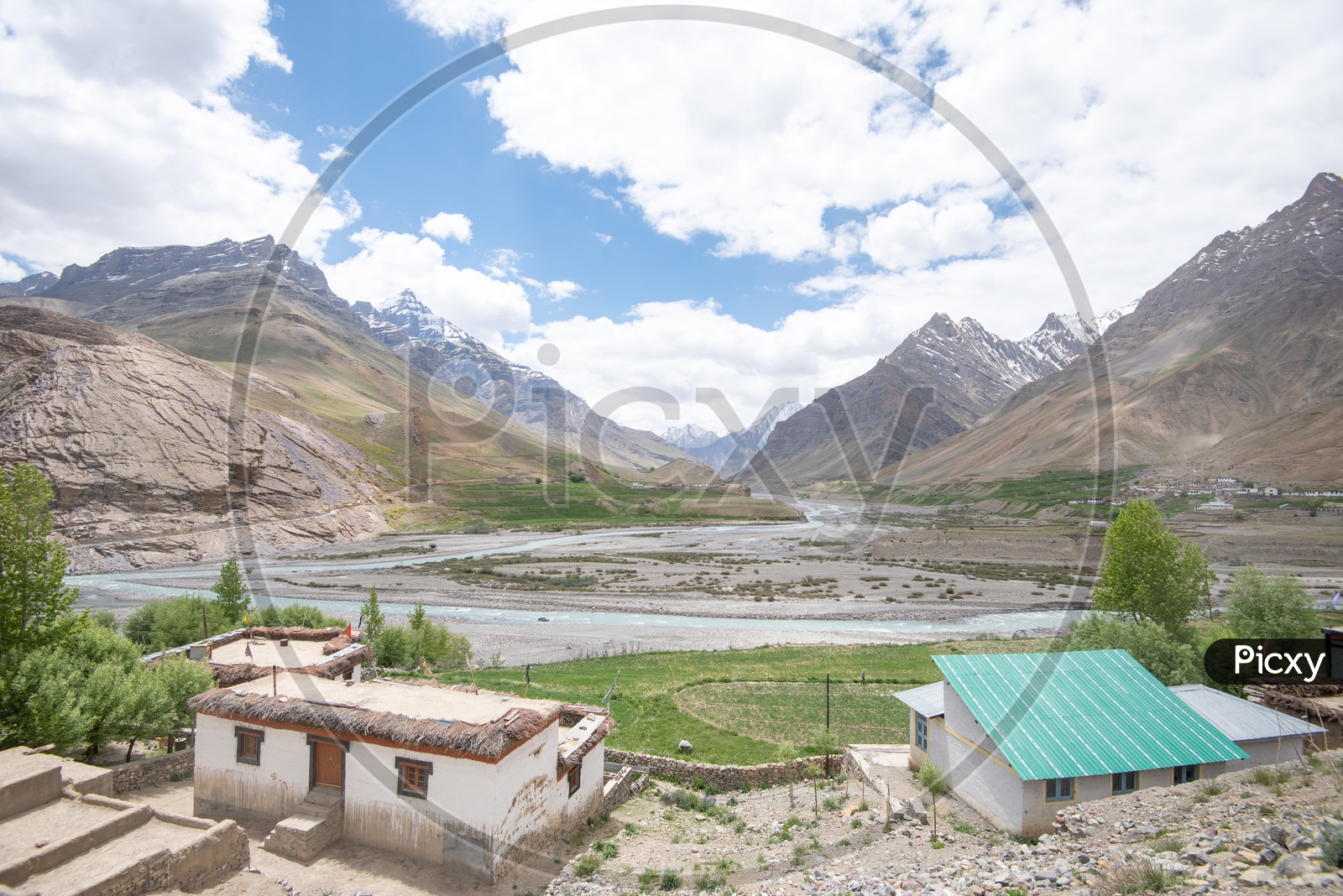 Houses and farm lands beside the Spiti river in Spiti Valley