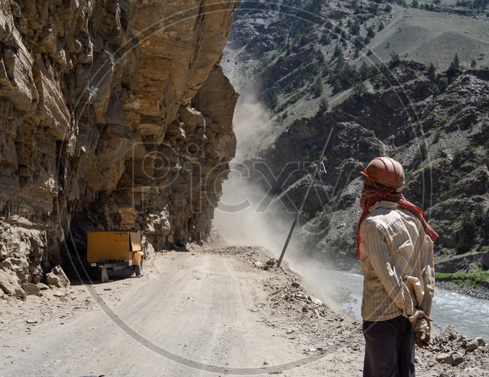 Man at construction work in Spiti Valley