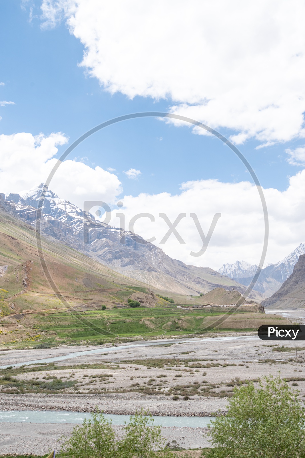 Agricultural farm lands and houses beside Spiti river in Spiti Valley